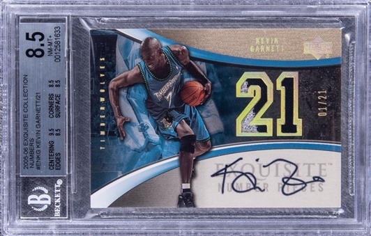 2005-06 UD "Exquisite Collection" Exquisite Number Pieces #ENKG Kevin Garnett Signed Game Used Patch Card (#01/21) - BGS NM-MT+ 8.5/BGS 10 
